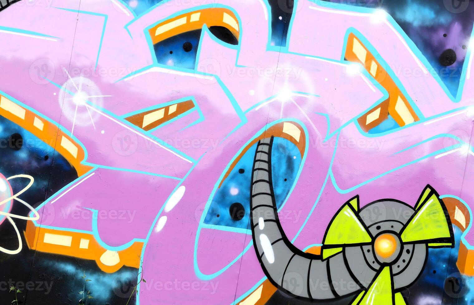 Colorful background of graffiti painting artwork with bright aerosol outlines on wall. Old school street art piece made with aerosol spray paint cans. Contemporary youth culture photo