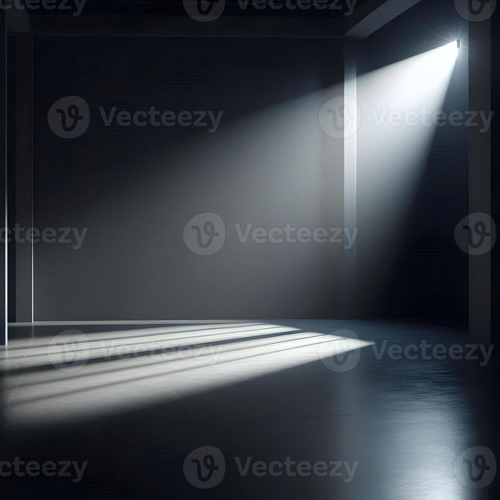 A dimly lit room with a minimalist aesthetic. Polished concrete floors reflect a soft glow from strategically placed spotlights. The spotlights cast long, dramatic shadows across the empty space, photo