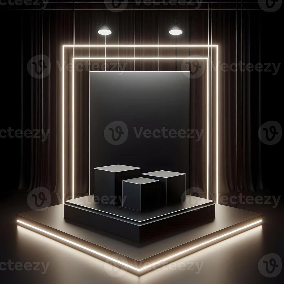 Elegant black cube stand for product placement mockup. Dark podium exhibition scene background. Minimal box platform showroom with spot light. photo