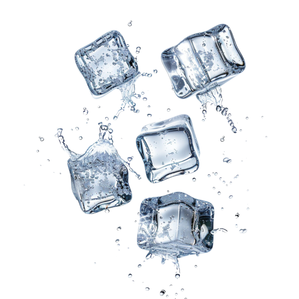 Four flying ice cubes on a transparent background png