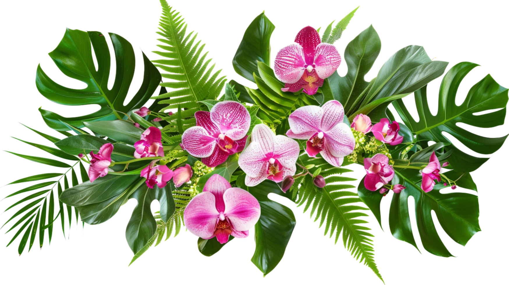 Tropical leaves and flowers garland bouquet arrangement mixes orchids flower with tropical foliage fern on a transparent background png