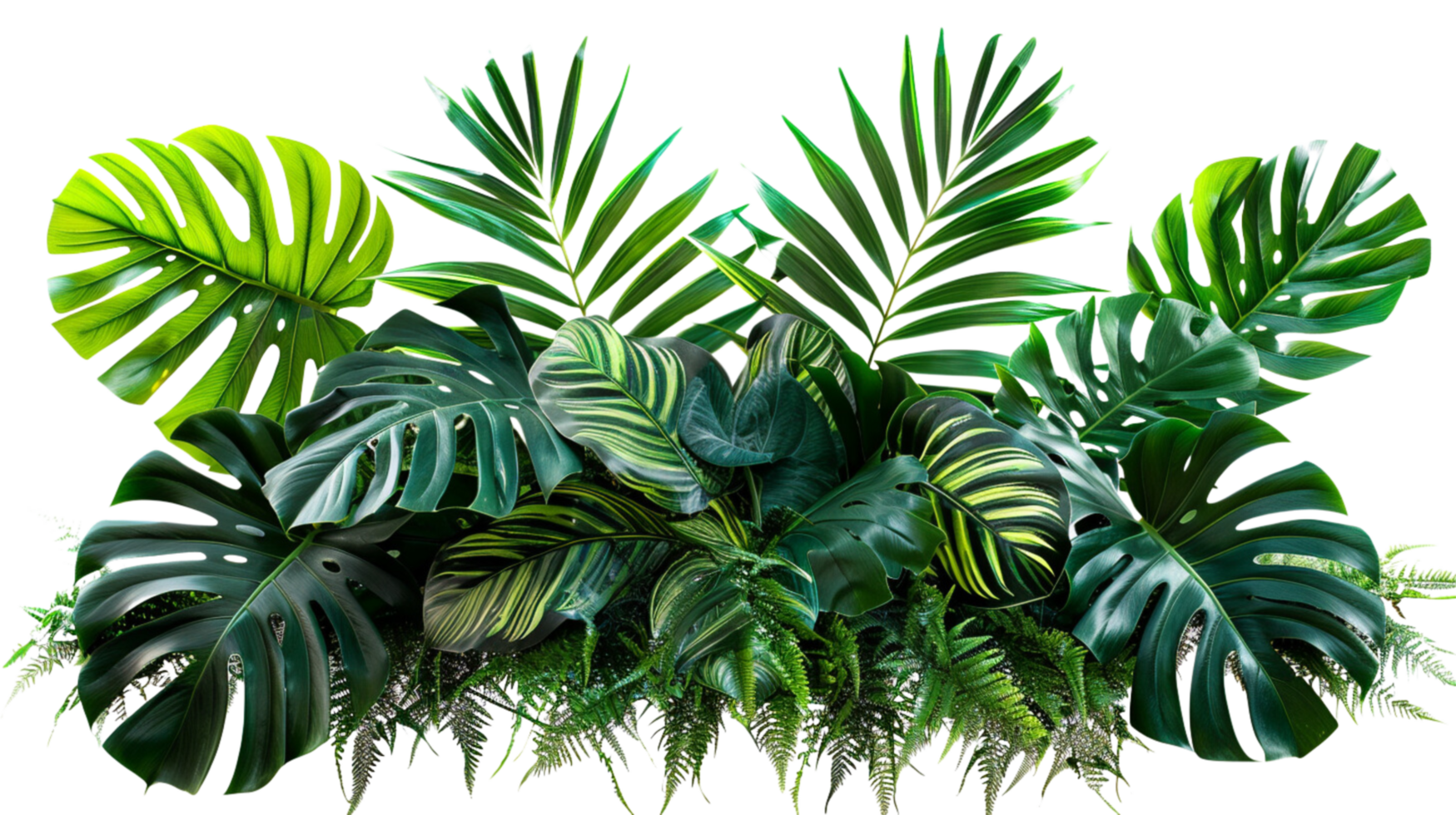 Plant bush floral arrangement with tropical leaves Monstera and fern on a transparent background png