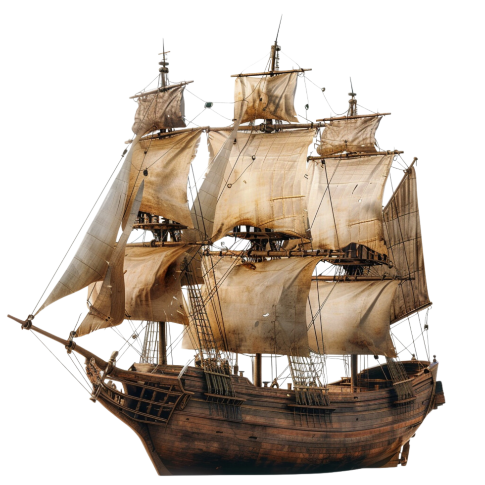 Sailing old pirate ship made with wood on a transparent background png
