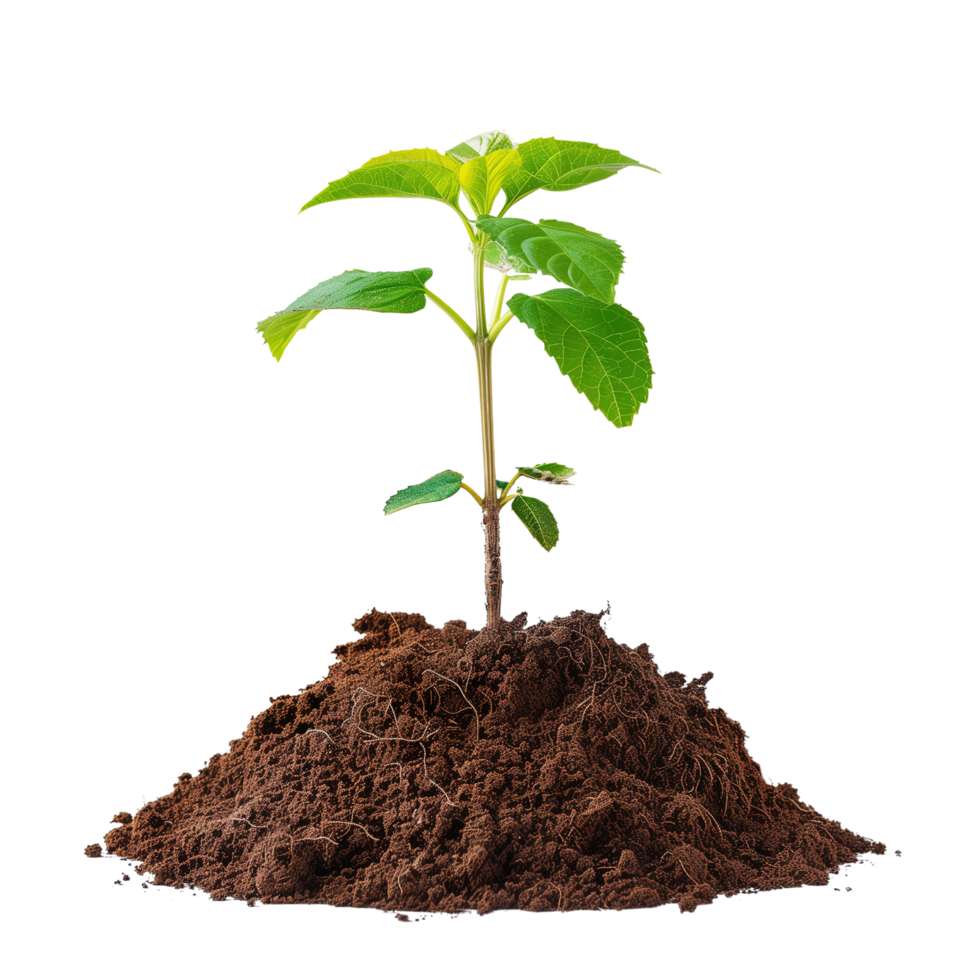 A small tree saplings emerging from rich brown soil, isolated on a transparent background png