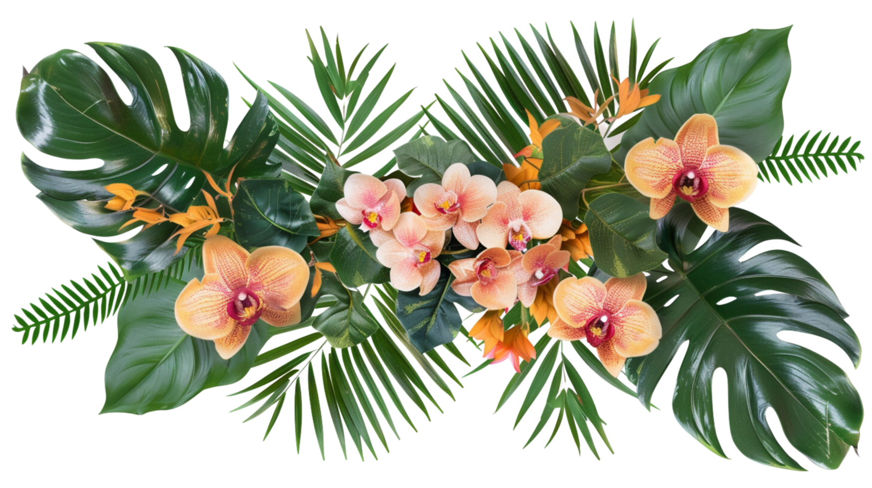 Tropical leaves and flowers garland bouquet arrangement mixes orchids flower with tropical foliage fern on a transparent background png