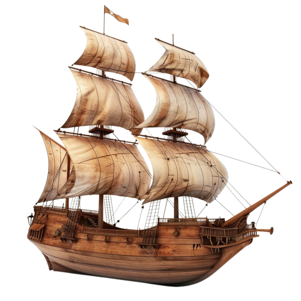 Sailing old pirate ship made with wood on a transparent background png