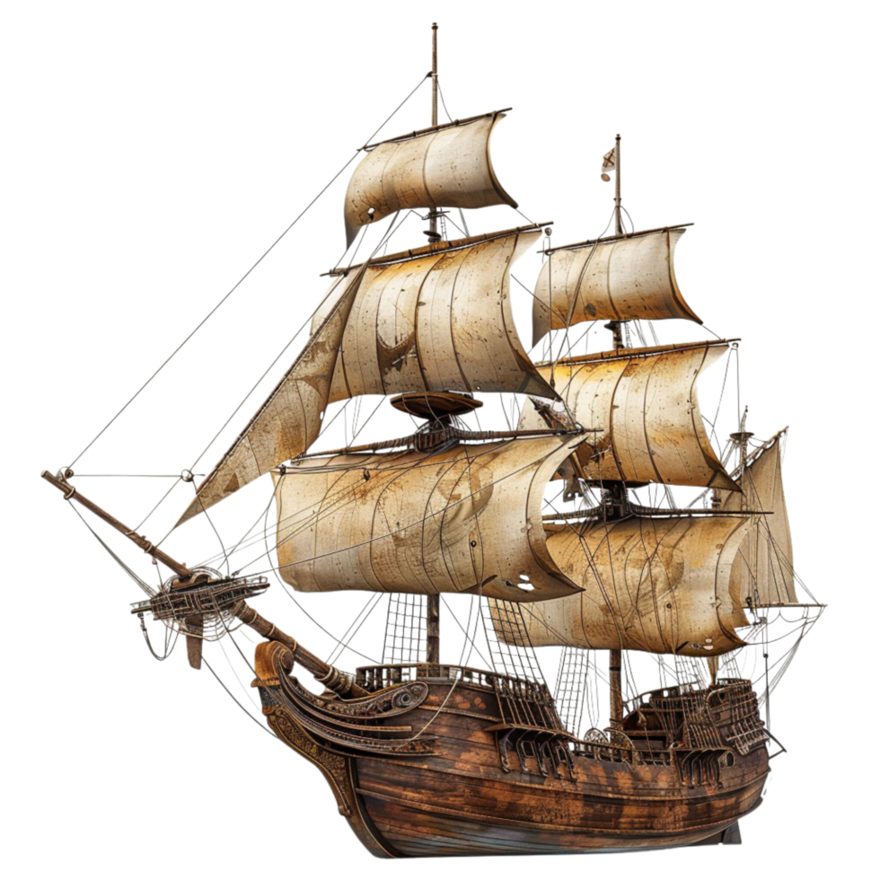 Sailing old pirate ship made with wood on a transparent background png