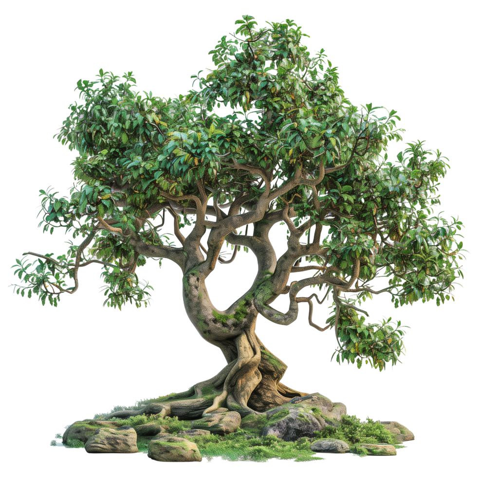 A fantastical world tree with sprawling branches and abundant green leaves, set against a minimalist isolated on a transparent background png