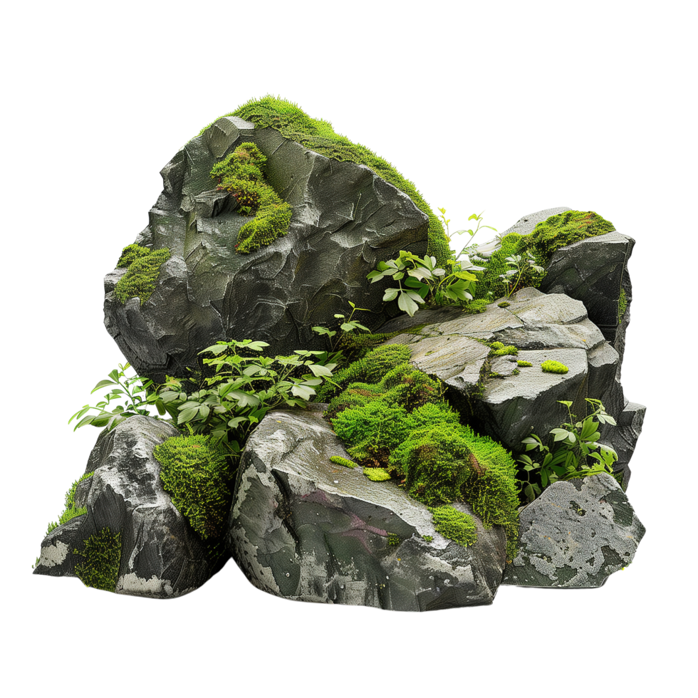 Large rocks covered in vibrant green moss, surrounded by lush foliage, isolated on a transparent background png