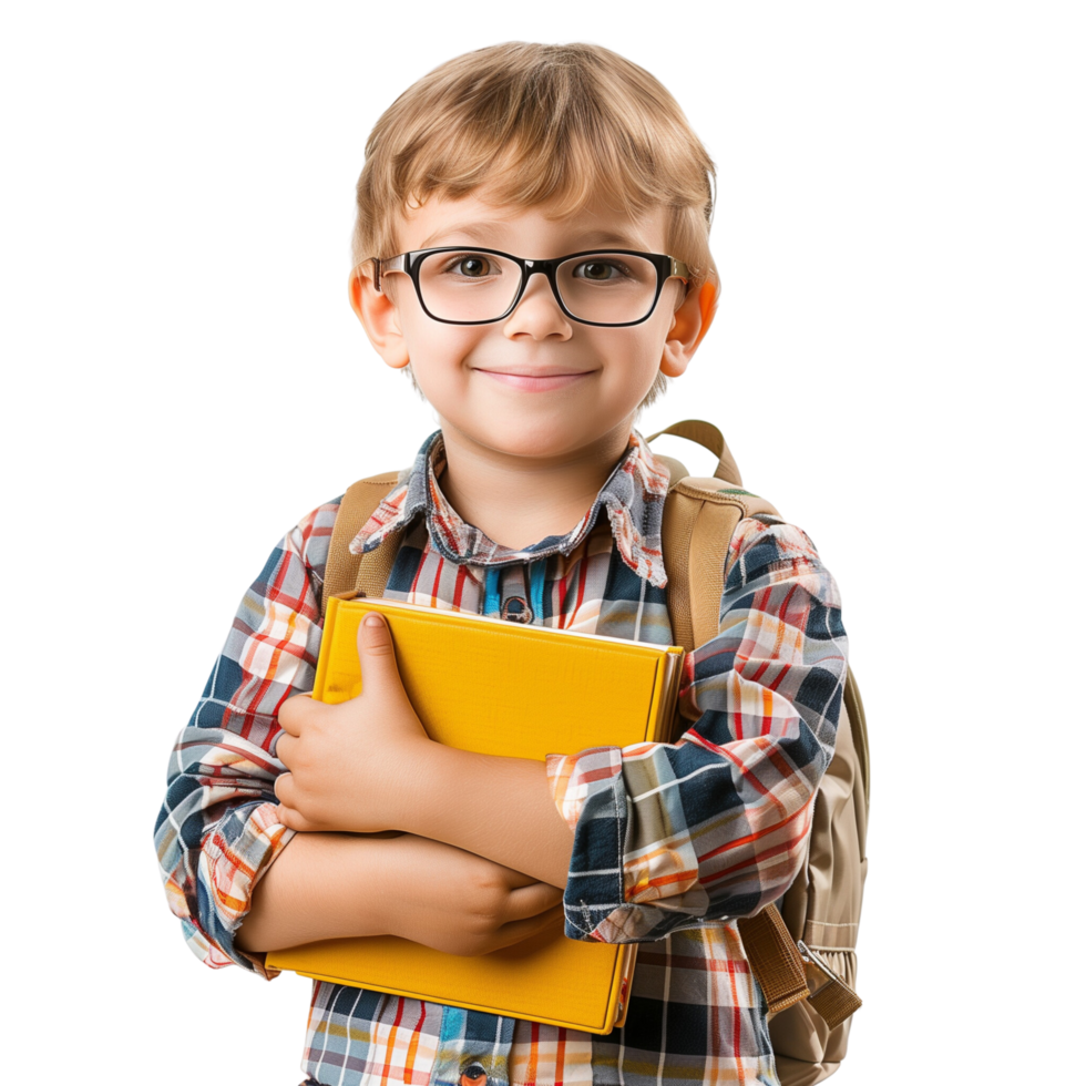 A little student boy with books, wearing glasses and a backpack, smiling and isolated on a transparent background png