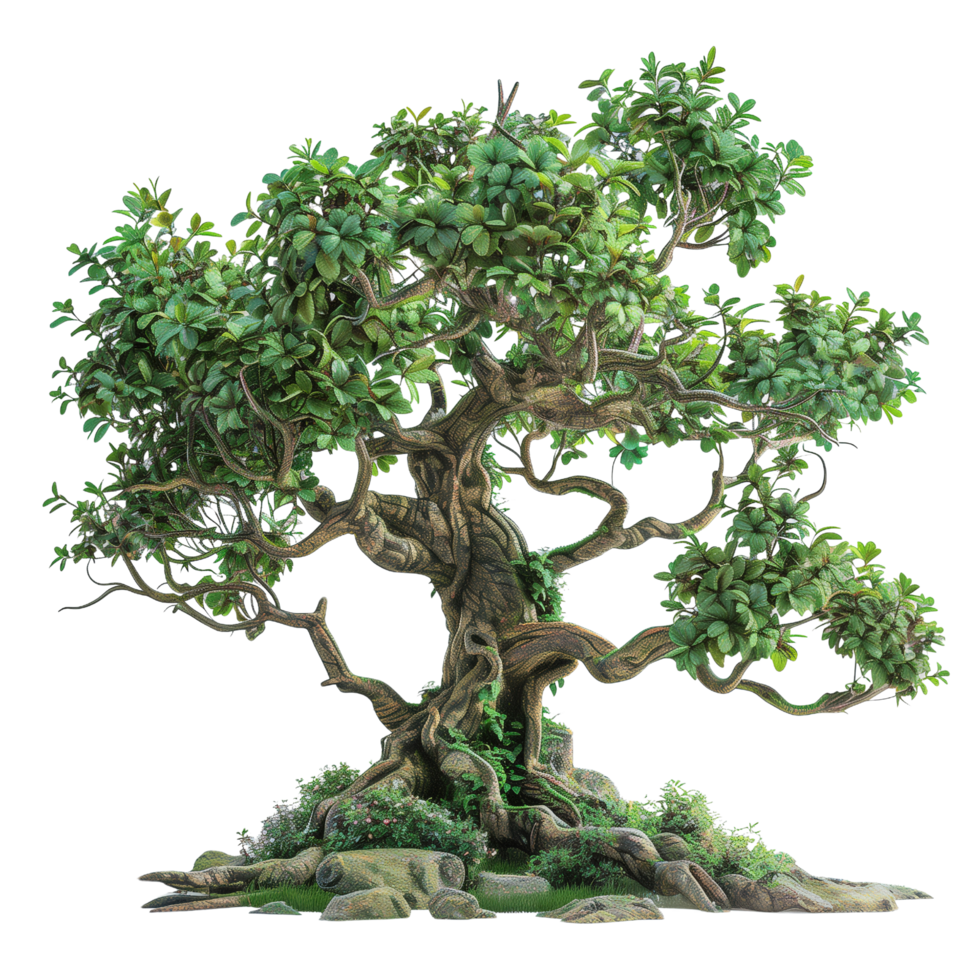 A fantastical world tree with sprawling branches and abundant green leaves, set against a minimalist isolated on a transparent background png