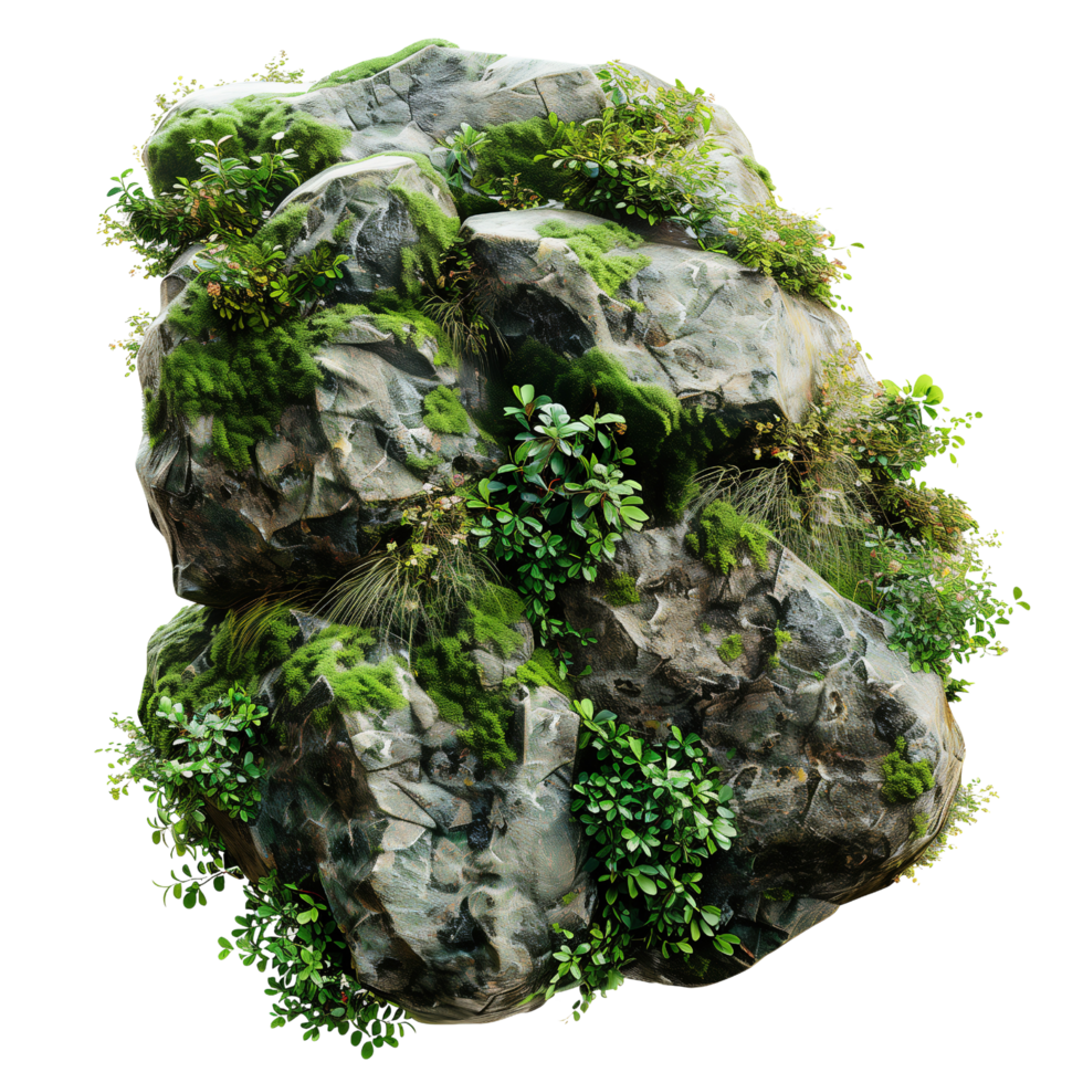 Large rocks covered in vibrant green moss, surrounded by lush foliage, isolated on a transparent background png