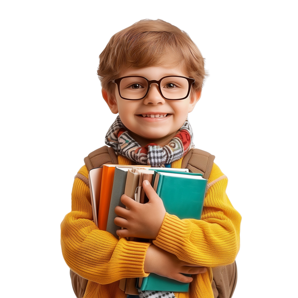 A little student boy with books, wearing glasses and a backpack, smiling and isolated on a transparent background png