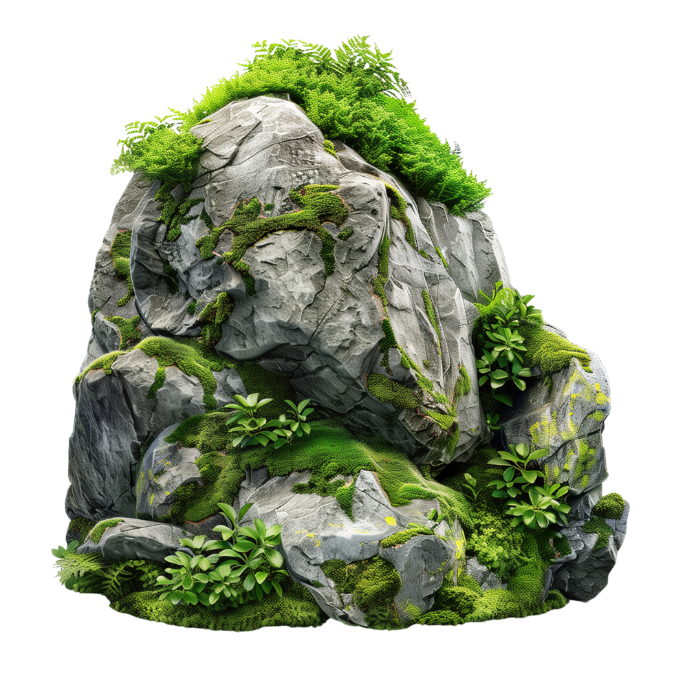 Large rocks covered in vibrant green moss, surrounded by lush foliage, isolated on a transparent background png