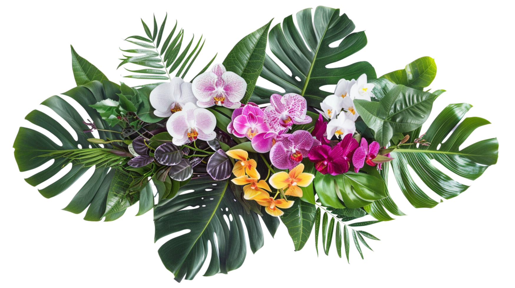 Tropical leaves and flowers garland bouquet arrangement mixes orchids flower with tropical foliage fern on a transparent background png