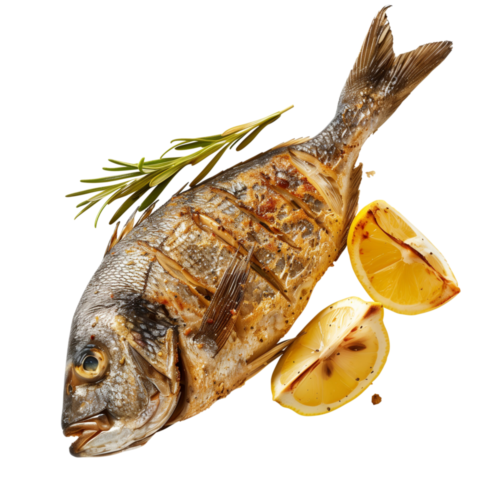 A beautifully cooked bream fish, fried to perfection and served with fresh lemon wedges isolated on a transparent background png