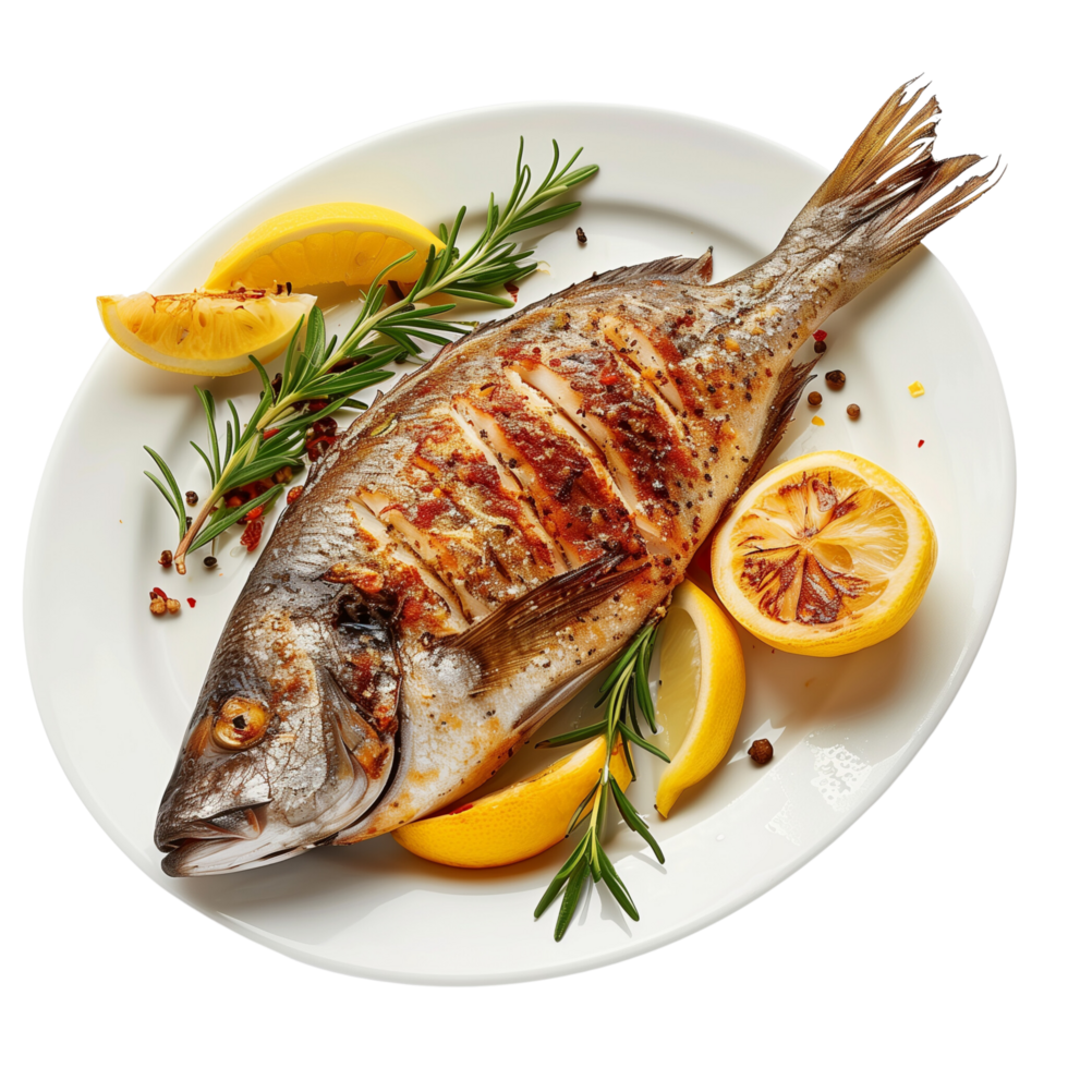 A beautifully cooked bream fish, fried to perfection and served with fresh lemon wedges isolated on a transparent background png