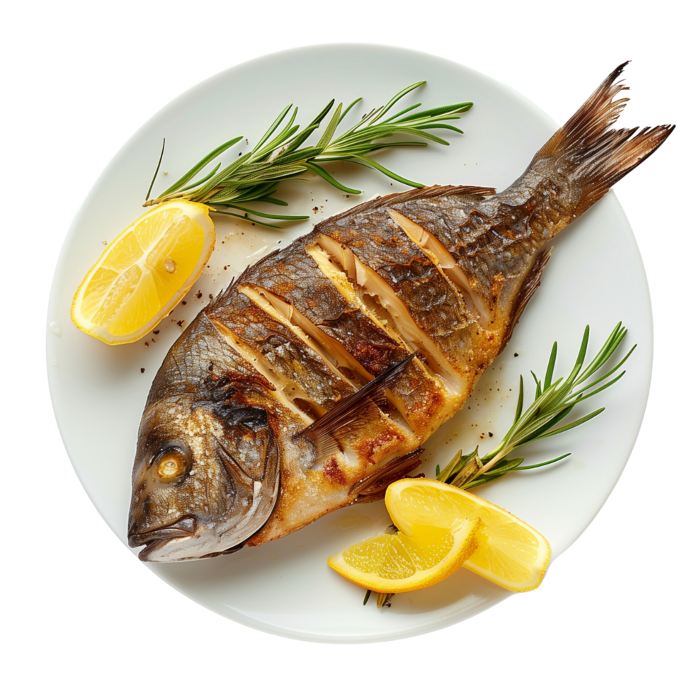 A beautifully cooked bream fish, fried to perfection and served with fresh lemon wedges isolated on a transparent background png