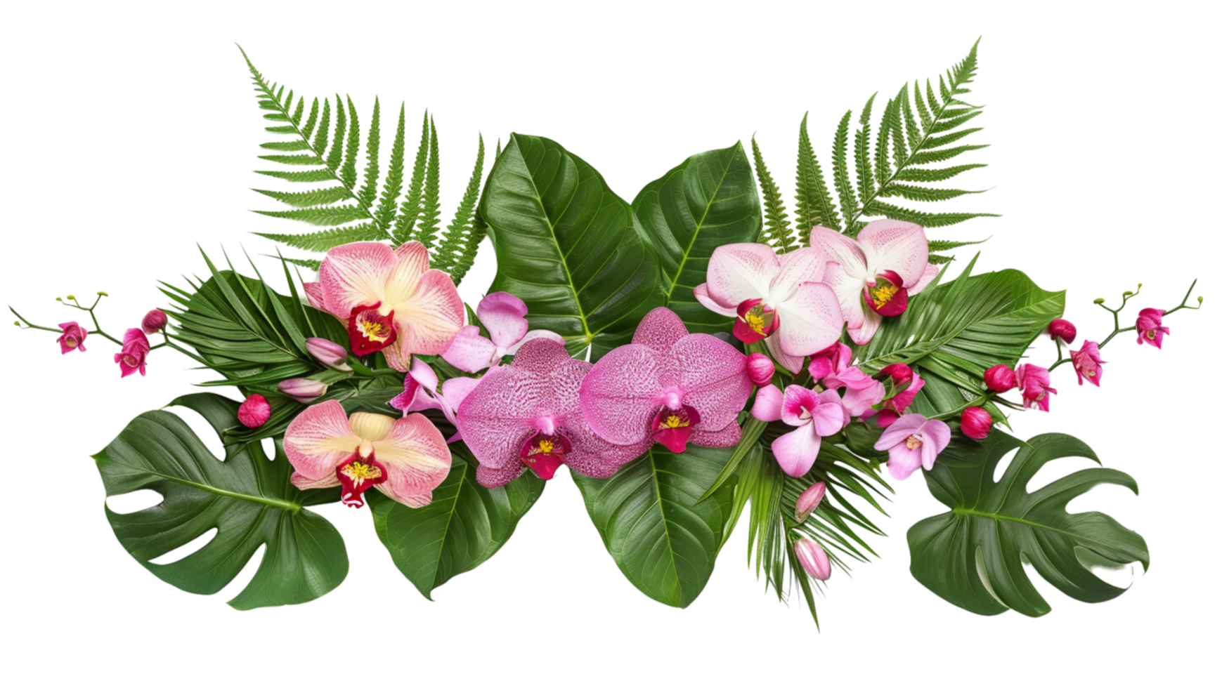 Tropical leaves and flowers garland bouquet arrangement mixes orchids flower with tropical foliage fern on a transparent background png