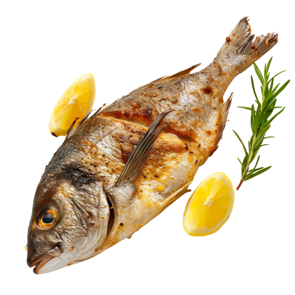 A beautifully cooked bream fish, fried to perfection and served with fresh lemon wedges isolated on a transparent background png