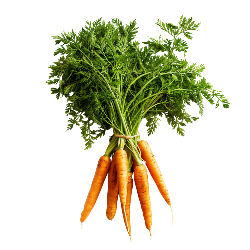 A bunch of fresh orange carrots with green tops isolated on a transparent background png