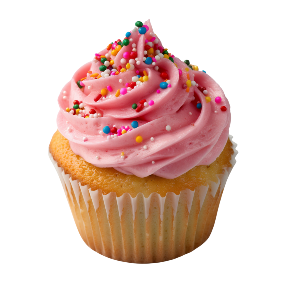 A delicious vanilla cupcake with pink frosting and sprinkles isolated on a transparent background png