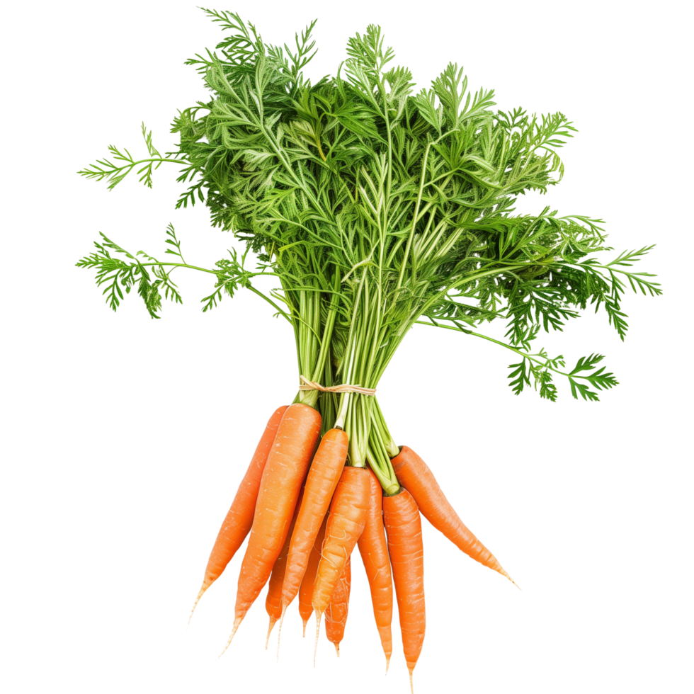 A bunch of fresh orange carrots with green tops isolated on a transparent background png