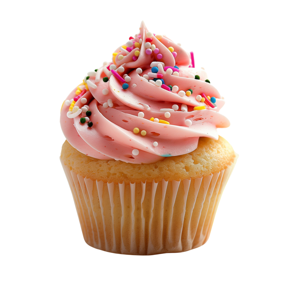 A delicious vanilla cupcake with pink frosting and sprinkles isolated on a transparent background png