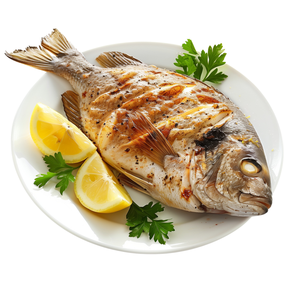 A beautifully cooked bream fish, fried to perfection and served with fresh lemon wedges isolated on a transparent background png