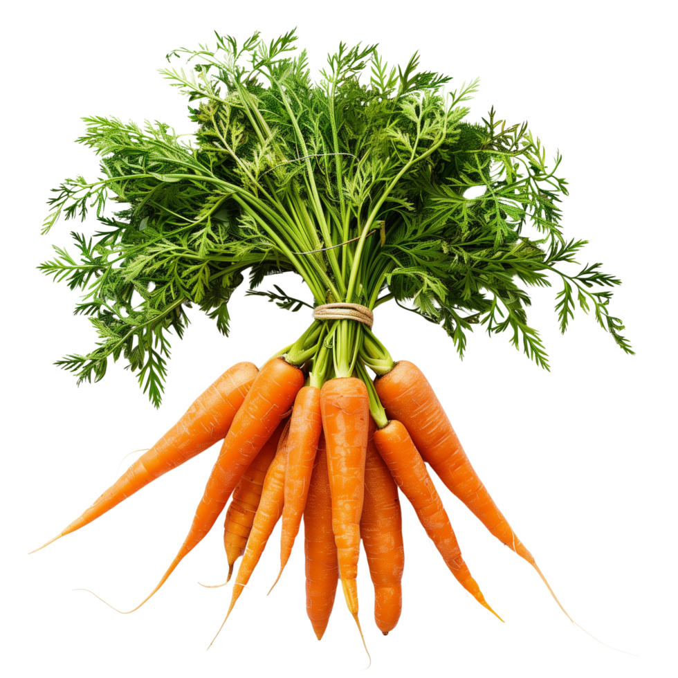 A bunch of fresh orange carrots with green tops isolated on a transparent background png