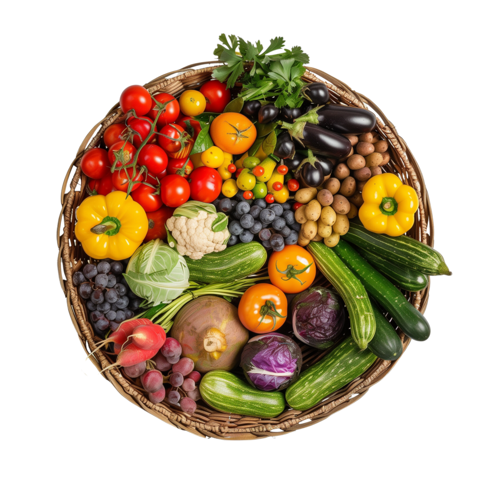 A bountiful assortment of colorful organic produce neatly arranged in a traditional wicker basket isolated on a transparent background png