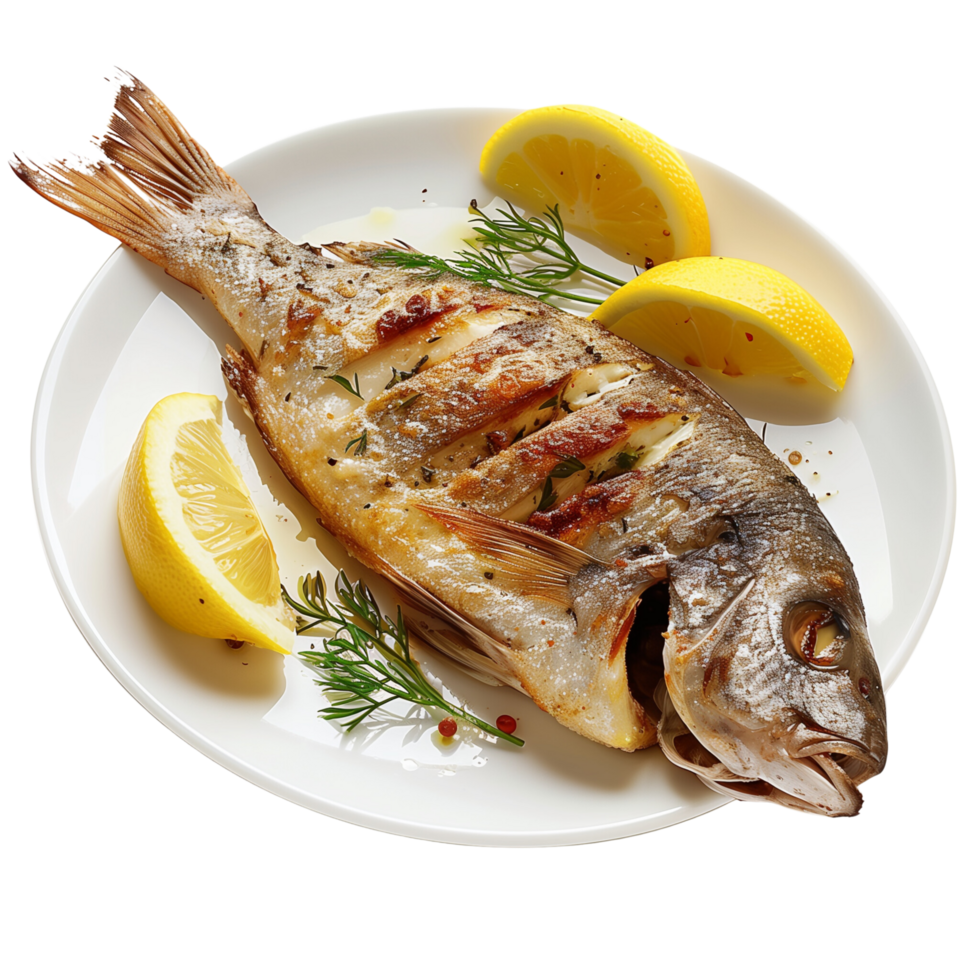 A beautifully cooked bream fish, fried to perfection and served with fresh lemon wedges isolated on a transparent background png