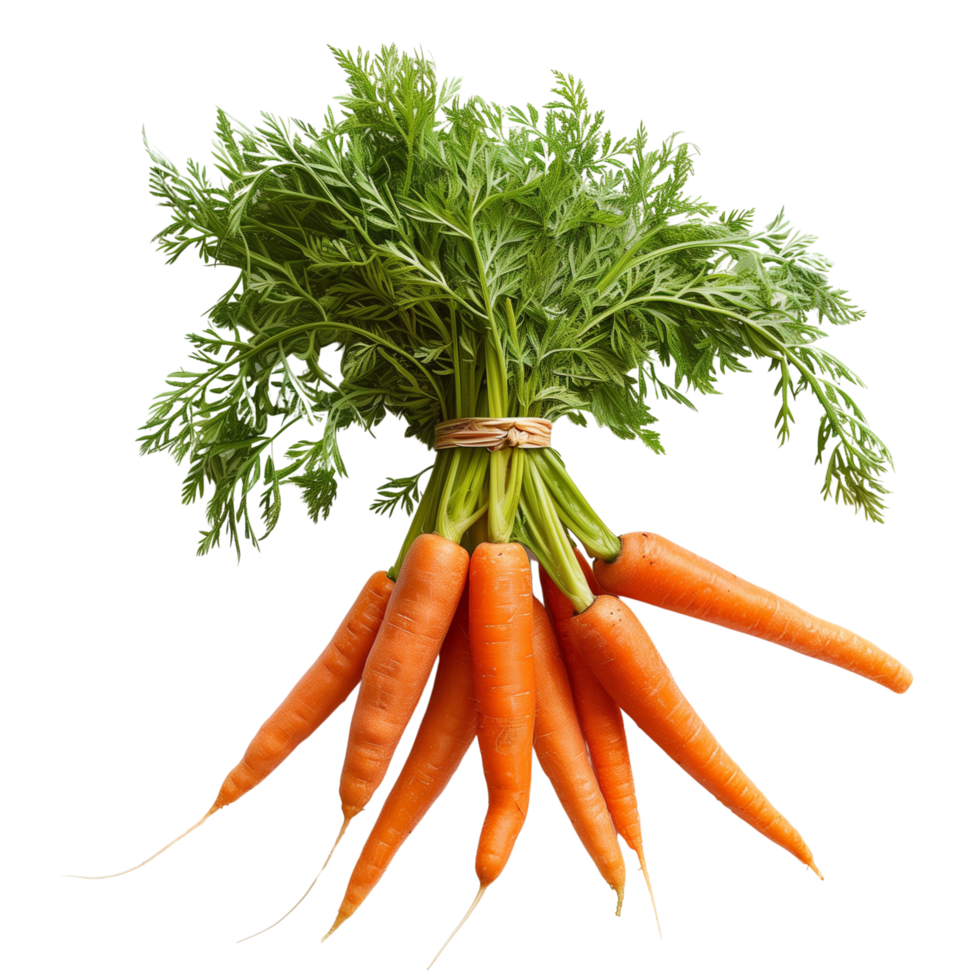 A bunch of fresh orange carrots with green tops isolated on a transparent background png
