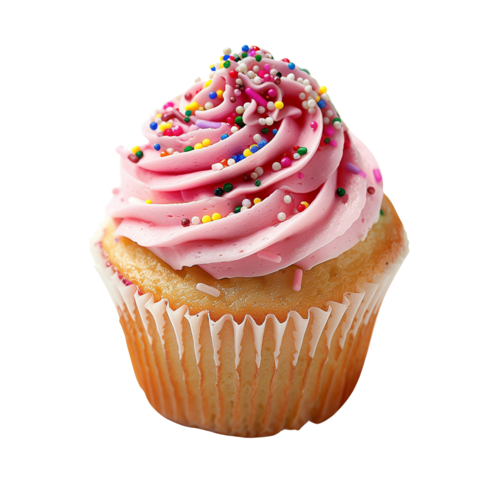 A delicious vanilla cupcake with pink frosting and sprinkles isolated on a transparent background png