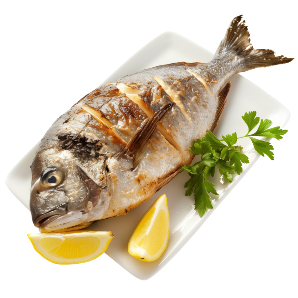 A beautifully cooked bream fish, fried to perfection and served with fresh lemon wedges isolated on a transparent background png