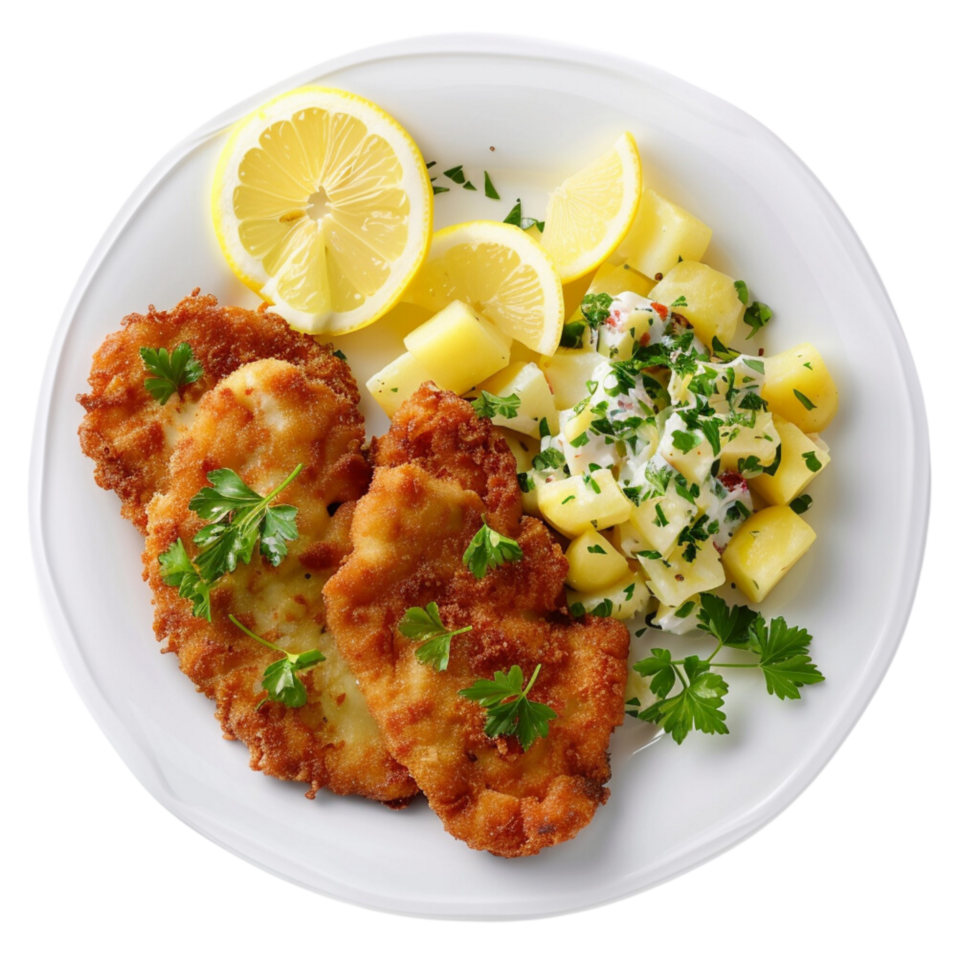 German schnitzel with lemon slices and parsley, accompanied by potato salad on a transparent background png