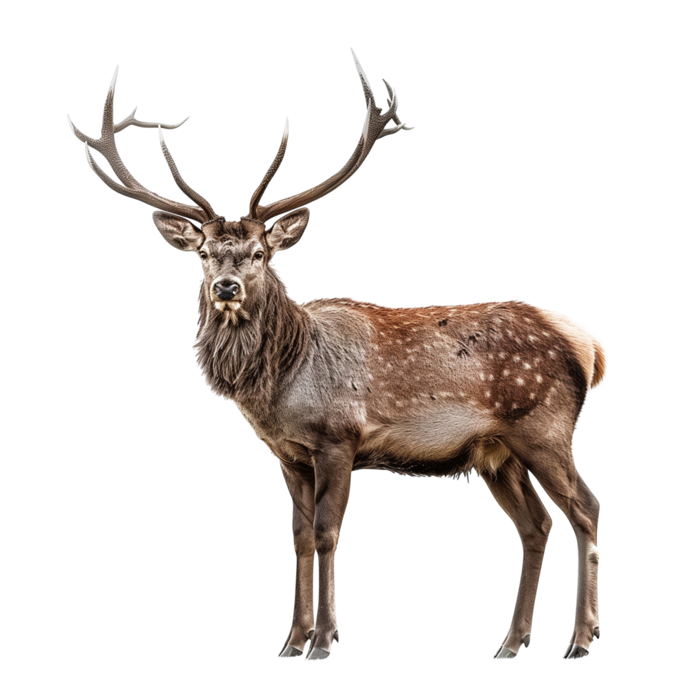 A majestic stag with impressive antlers standing gracefully isolated on a transparent background png