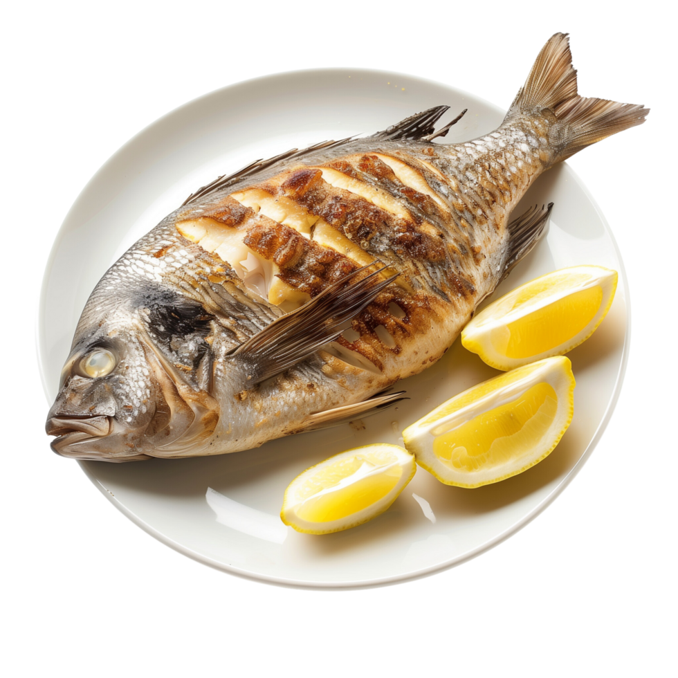A beautifully cooked bream fish, fried to perfection and served with fresh lemon wedges isolated on a transparent background png