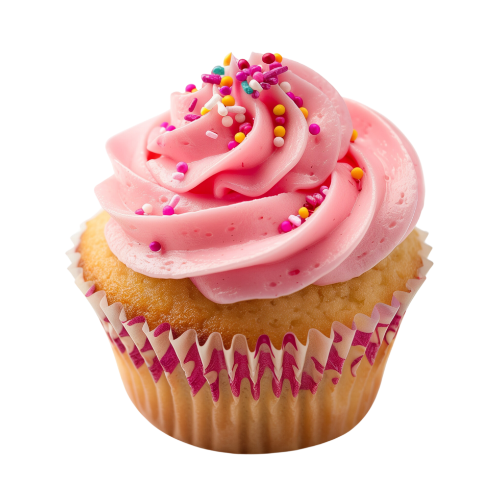 A delicious vanilla cupcake with pink frosting and sprinkles isolated on a transparent background png