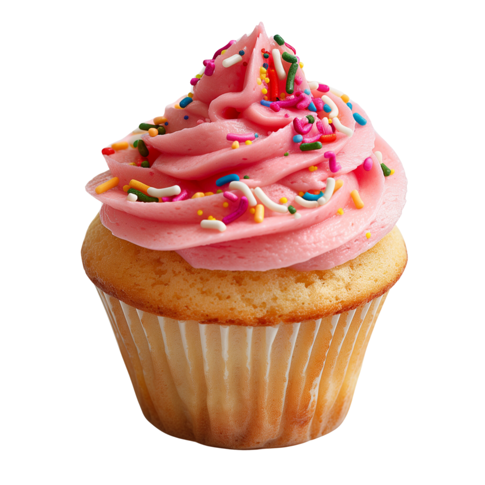 A delicious vanilla cupcake with pink frosting and sprinkles isolated on a transparent background png