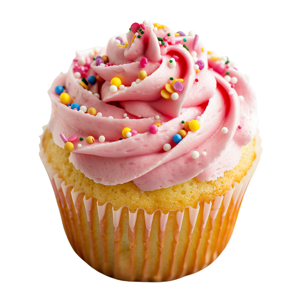 A delicious vanilla cupcake with pink frosting and sprinkles isolated on a transparent background png