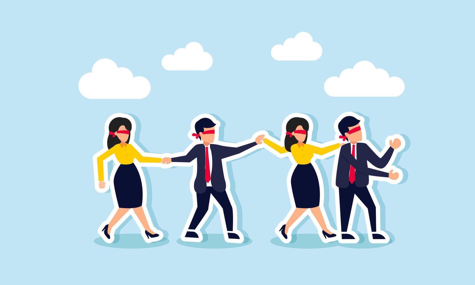 Blindly following bad leadership leads to confusion, mistakes, struggles, and hopelessness, concept of businesspeople blindfold follow leader in crisis or despair vector
