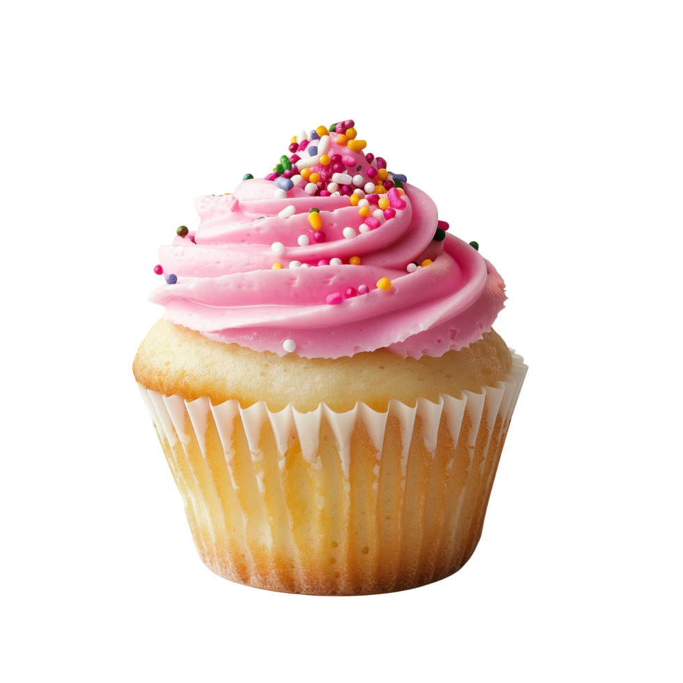 A delicious vanilla cupcake with pink frosting and sprinkles isolated on a transparent background png