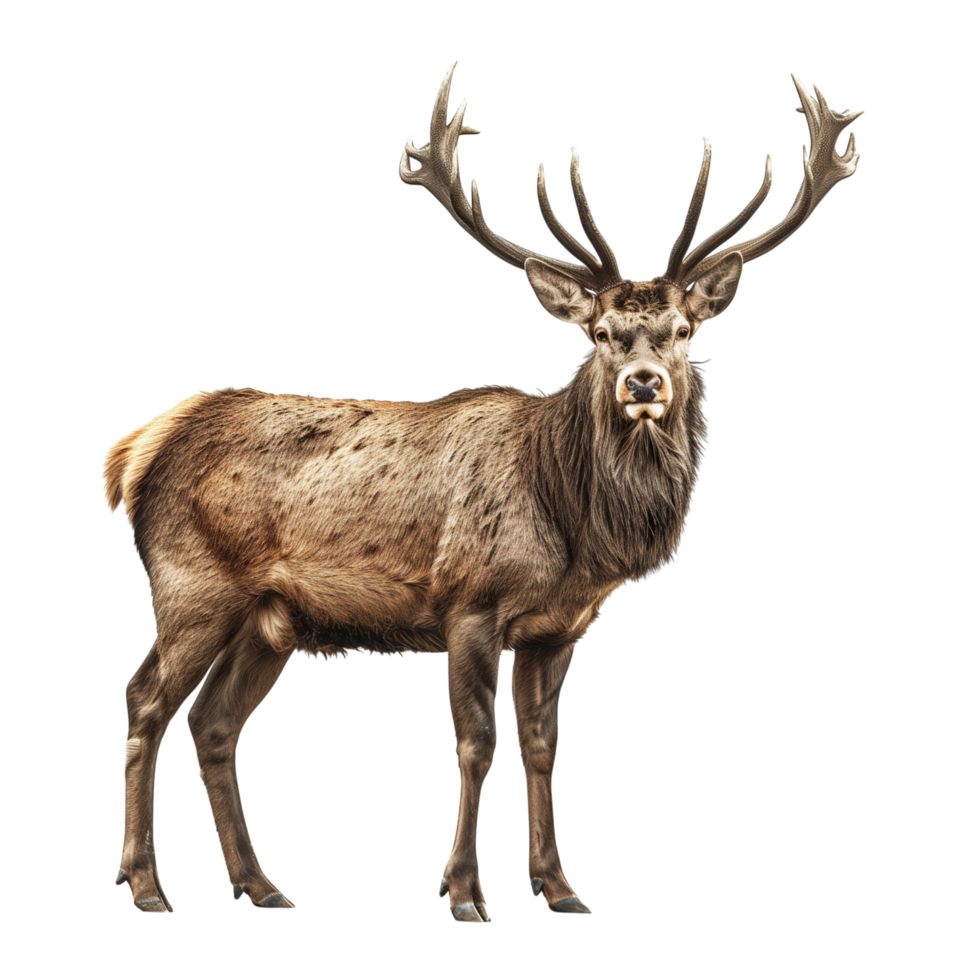 A majestic stag with impressive antlers standing gracefully isolated on a transparent background png