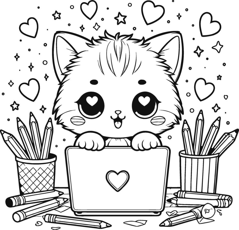 Kitty Children's coloring book. Coloring Page Outline Of cartoon little cat on flower clearing. Cute kitten with butterfly. Studying laptop in kitty. vector