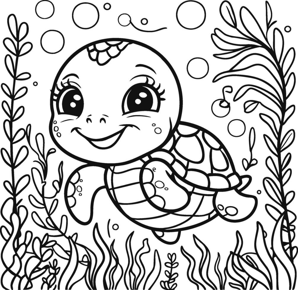 Cute turtle coloring pages for kids. cute turtle in the sea among sea