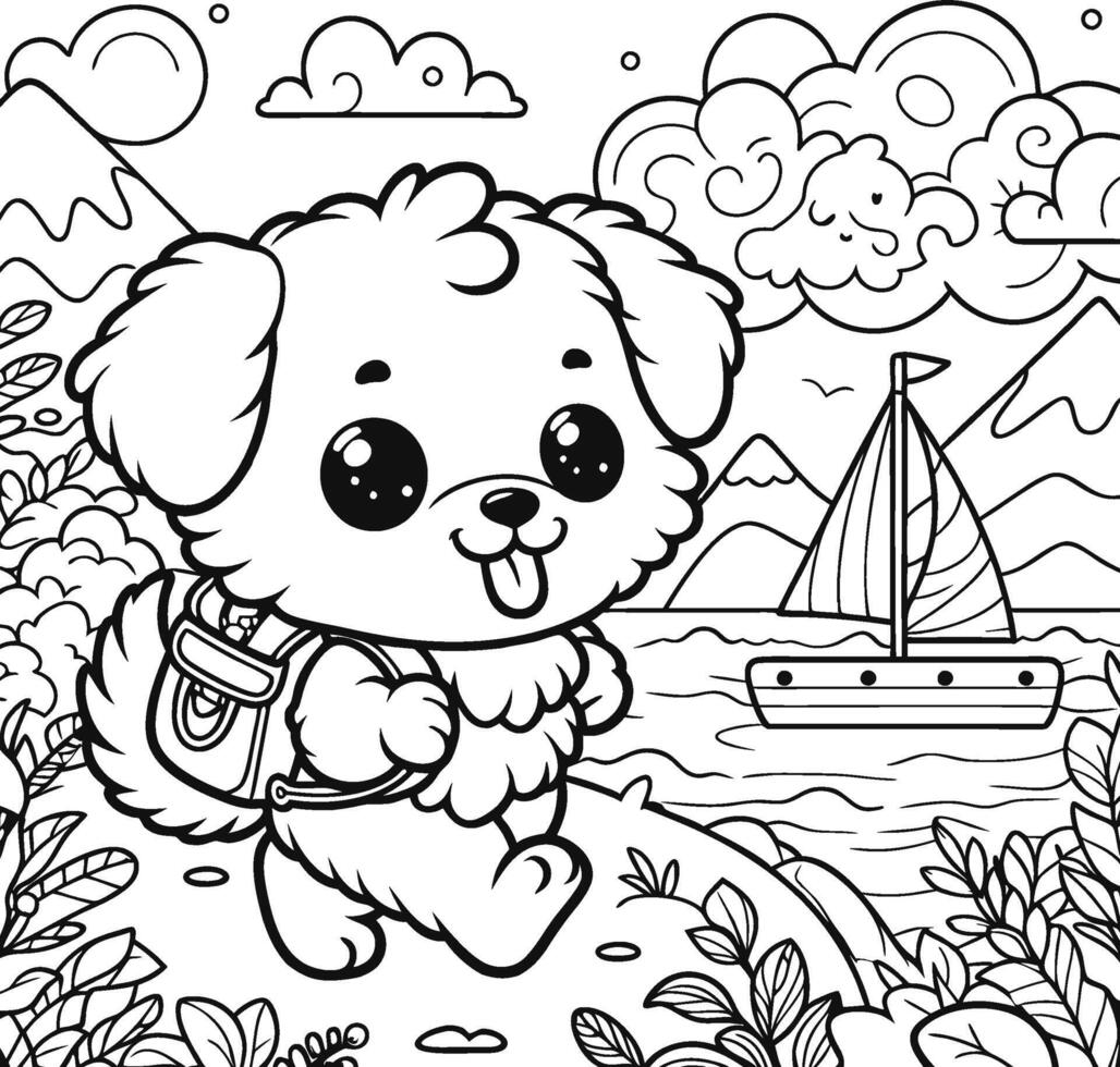 Puppy character coloring page, happy expression, wearing a backpack as it walks along a water body with a small sailboat. coloring book with backpack dog. vector