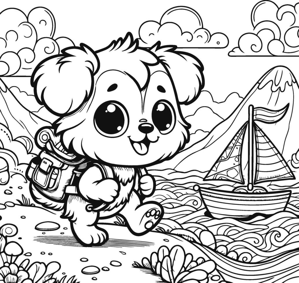 Puppy character coloring page, happy expression, wearing a backpack as it walks along a water body with a small sailboat. coloring book with backpack dog. vector