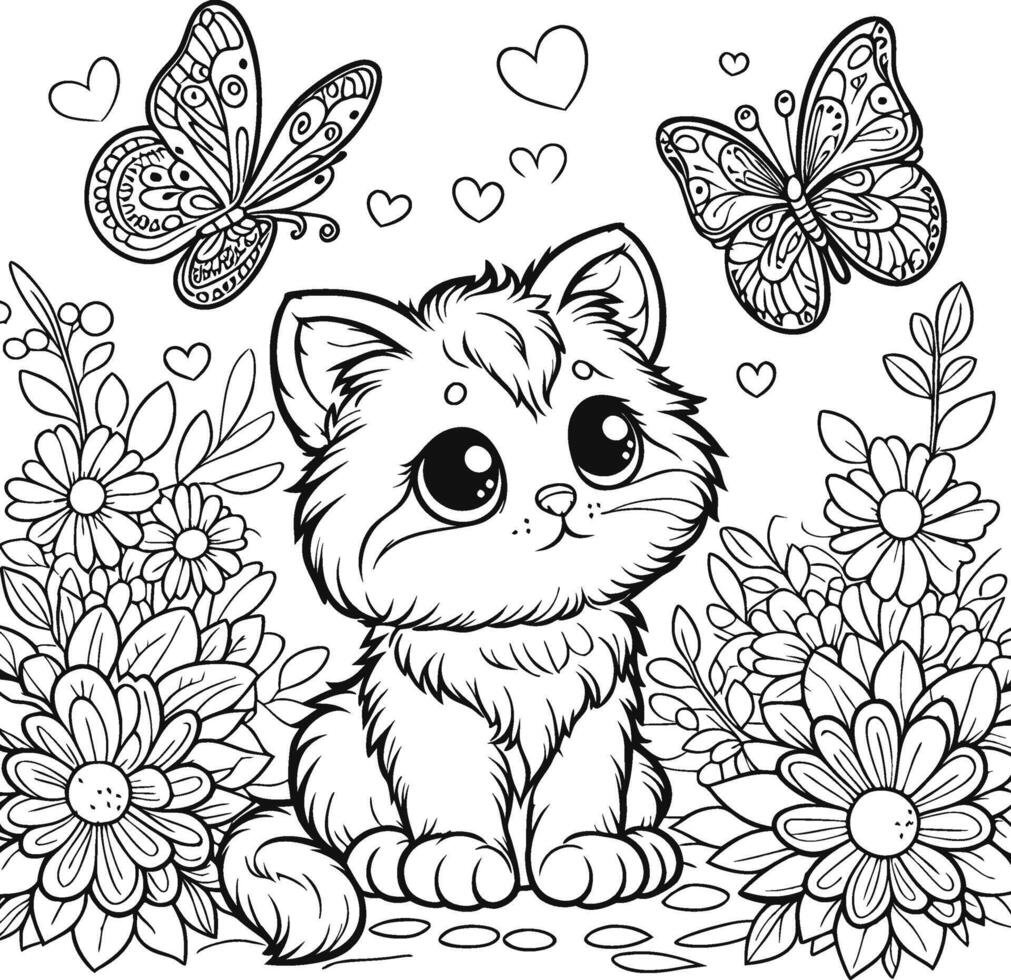 Kitty Children's coloring book. Coloring Page Outline Of cartoon little cat on flower clearing. Cute kitten with butterfly. Studying laptop in kitty. vector