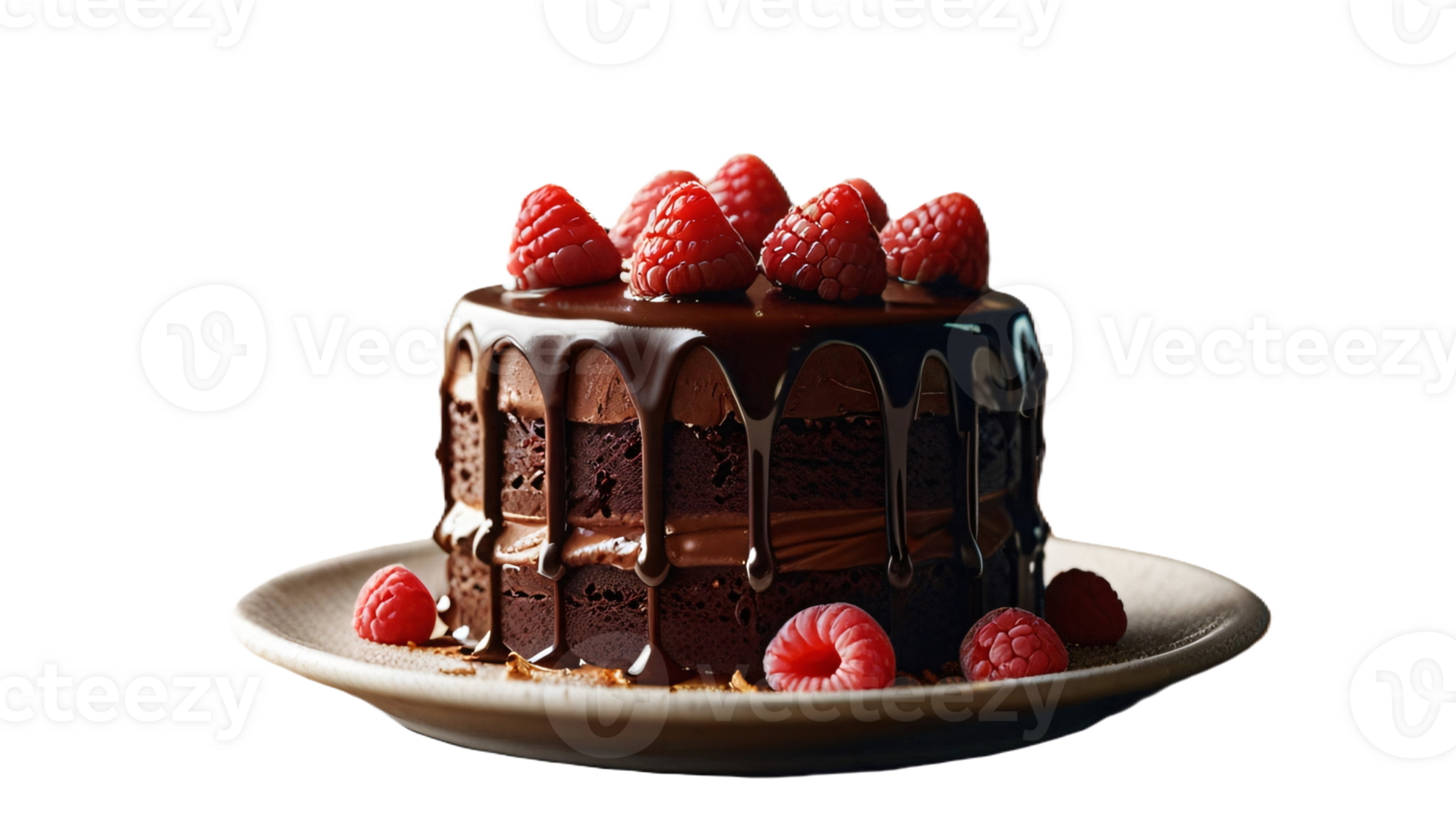 Gourmet chocolate cake with raspberry garnish and luxurious melted chocolate cream served on a plate. Transparent backrgound png